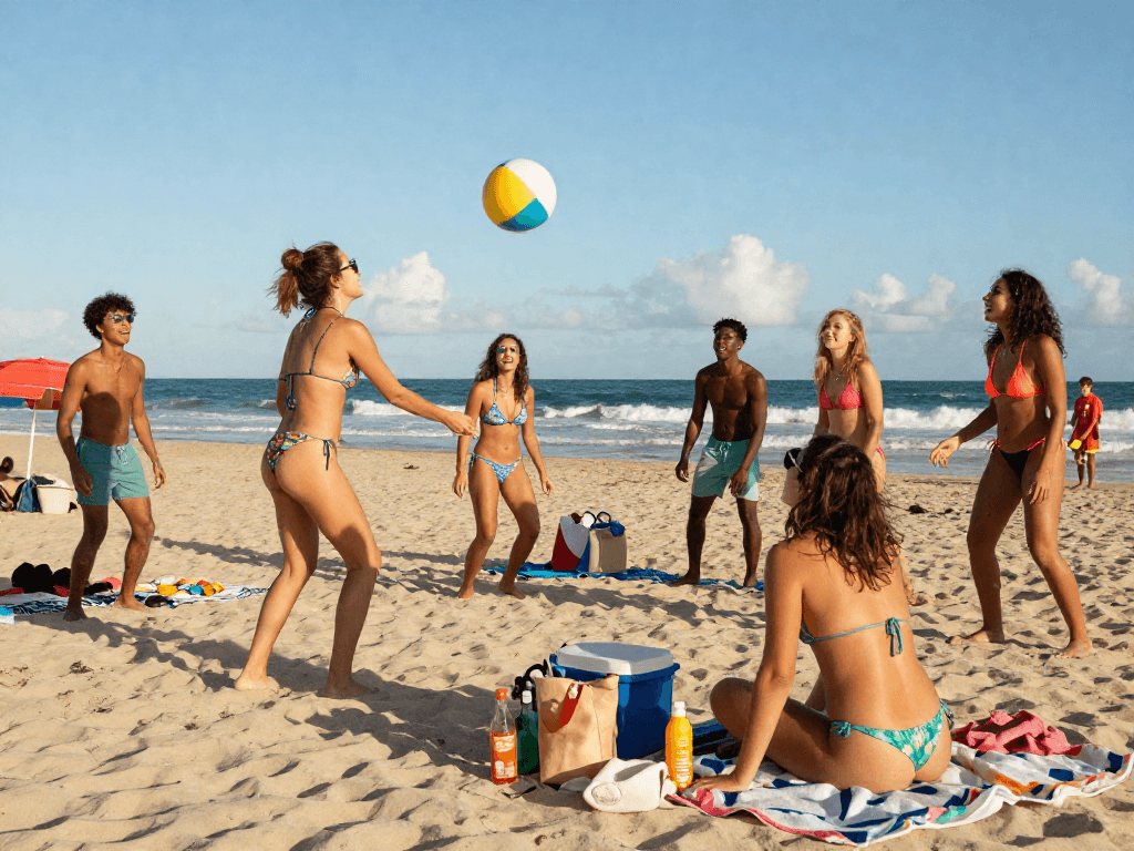 Friends enjoying a vibrant day at the beach while showcasing BIKINISLOT styles and summer fun.